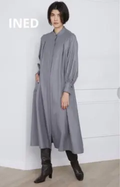 美品　INED バンドカラーワンピース　グレー　ストライプ　ロングワンピース