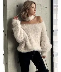 GYDA 2wayオフショルシャギーチョーカーニットトップス ホワイト