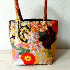 Ｈ89 牡丹御所車 色打掛リメイクトートバッグ ハンドメイド 刺繍柄 和装バッグ