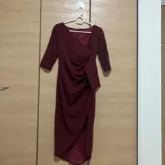 バーガンディ レース袖 ドレープドレス L