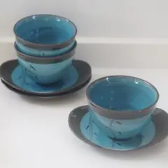 竹模様 青い陶器の湯呑みセット 3点