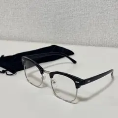 サーモント スクエア ハーフリム 伊達メガネ 黒×シルバー メンズ ケース付 1