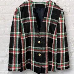 【美品】タータンチェック ノーカラージャケット 金ボタン 肩パッド レトロ