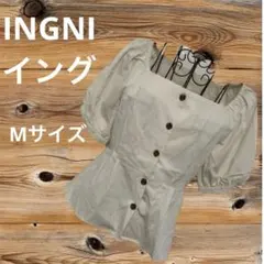 さY285 イング 半袖ペプラムシャツ バルーン袖 キナリ半袖夏可愛い裾切替M