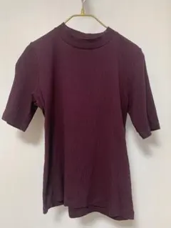 バーガンディ リブ編み 半袖トップス