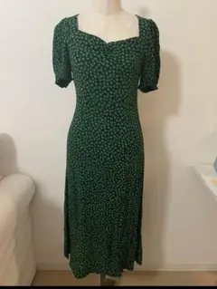H&M 緑色ドット柄 半袖ロングワンピース