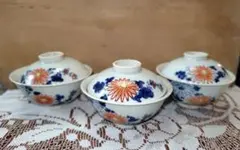 昭和レトロ　茶碗　蓋付き　陶器　花柄　3個セット