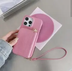 ピンク スマホショルダーバッグ レザー風 ポケット付き　iPhoneケース