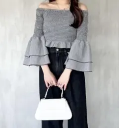 Heather オフショルダー トップス ギンガムチェック