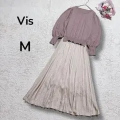 【Visビス】異素材ドッキング　プリーツニット　ロングワンピース　ピンクベージュ