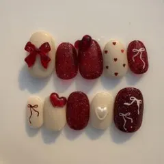【現品】【オーダー】ネイルチップ/リボン/ハート/ホワイト/レッド/マグネット