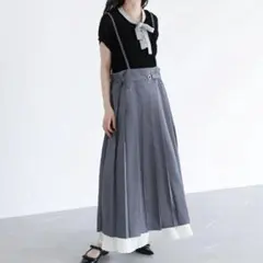 新品　ロングスカート　グレー　サス付き　ハイウエスト　プリーツ　キャミワンピース