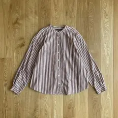 【美品】vintage ストライプバンドカラーシャツ 赤×ネイビー