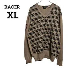 RAOER 【XL】幾何学模様Vネックニットセーター　レトロモダン　ベージュ