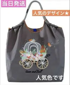 エコバッグ　刺繍エコバッグ　ナイロン　馬車　シンデレラ　グレー　人気　蝶々