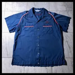 70s 80s Hilton オープンカラー ボーリングシャツ USA製 青 紺のサムネイル