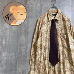 【雰囲気◎】総柄 長袖 デザイン シャツ L レトロ 古着 メンズ 茶