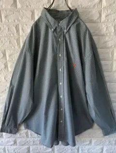 古着希少 ラルフローレン 長袖 緑 ギンガムチェック ポニー刺繍 90s