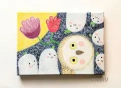 絵画 原画『円と縁』キャンバス(F3号) ふくろう 幸福 幸せ 手描き 一点