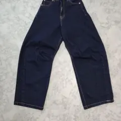 ダークブルー ハイウエスト ワイドレッグ デニムパンツ