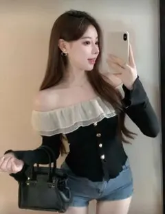 オフショルダー フリル トップス ブラック