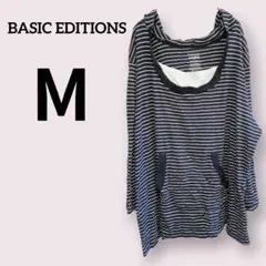 BASIC EDITIONS【М】フード付 長袖シャツ 紺/白 ボーダー