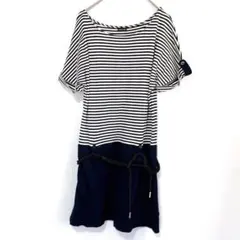 クイーンズコート【2】半袖ワンピース　ボーダー　無地　ウエスト切り替え　紺系