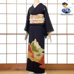 黒留袖 五つ紋 正絹 刺繡金彩 山岳 雲 アンティーク着物 A-0327