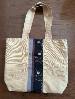 帯端切れリメイク花柄刺繍トートバッグ イエローと黒(訳あり価格)