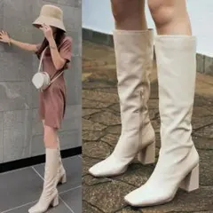 eimy istoire スリムスクエアロングブーツ ベージュ