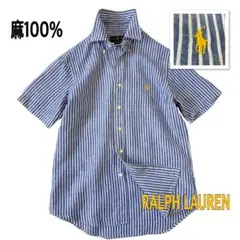 ラルフローレン シャツ 半袖 麻 リネン100% ストライプ ボタンダウン M