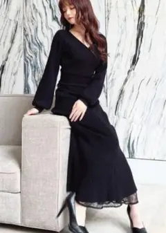 リゼクシー 黒 カシュクール ロングニットワンピース