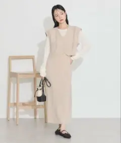 ベスト+キャミドレス　ワンピース　セットアップ　ベージュ　入園式　入学式