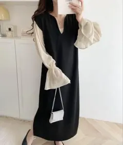 【mily bilet】シアー袖ドッキングキャンディースリーブVネックワンピ