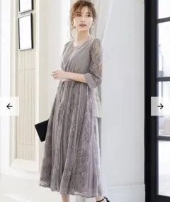 【美品】アサクラ　プリーツ×レース 7分袖ドレス　オケージョンドレス