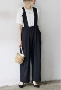 Freneハイウエストサロペット サロペットワイドパンツ オーバーオール 黒