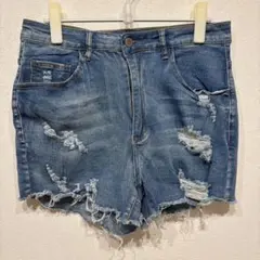 シーインカーブ ショートパンツ ダメージ加工 デニム 0XL 青 レディース