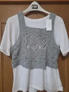 ホワイト Tシャツ グレー クロシェトップス Mサイズ