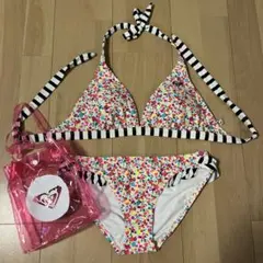 イエロー様専用　ROXY 花柄×ボーダー柄　セパレート水着Ｌのサムネイル