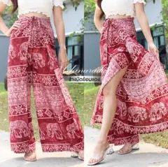 【決算特価】✨象プリント サルエルパンツ 赤 レーヨン ビーチ リゾート