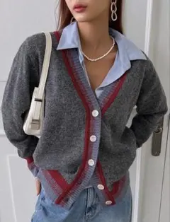 グレー ニットカーディガン Vネック