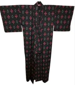ウール 着物 絣 幾何学文様 黒地 赤 仕付け糸付き Sのサムネイル