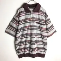 【半袖ポロシャツ】タオル地 リブ ボーダー 透け感 ハーフボタン M メンズ