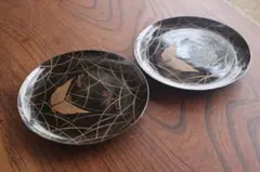 小傷有！時代金縁黒漆に優美なススキ蝶蒔絵の映えるお皿2点（検輪島塗菓子皿銘々皿