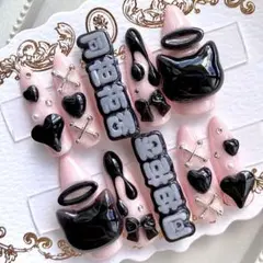 ネイルチップ 量産型 地雷 サブカル 天使界隈 ピンク 黒 猫 リボン ハート