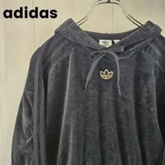 アディダス☆ベロア パーカー トレフォイル ショート丈 M 黒 0040