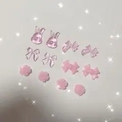 【数量限定】うさぎ　リボン　バラ　ネイルパーツ　12個セット　ピンク　クリア