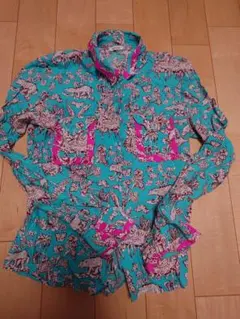 キャシャレル　動物柄長袖シャツ ターコイズ・ピンク
