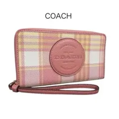 COACH コーチ キャンバス×レザー チェック柄 ラウンドファスナー 長財布