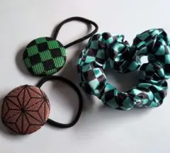 市松模様　麻の葉模様　くるみボタンヘアゴム　市松模様シュシュ　まとめ売り　和風